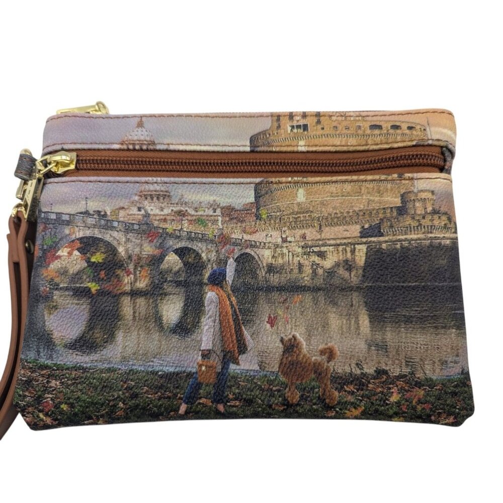 Y Not? Womens European Scenic Wristlet Wallet Print & Gold Zipper Accents
